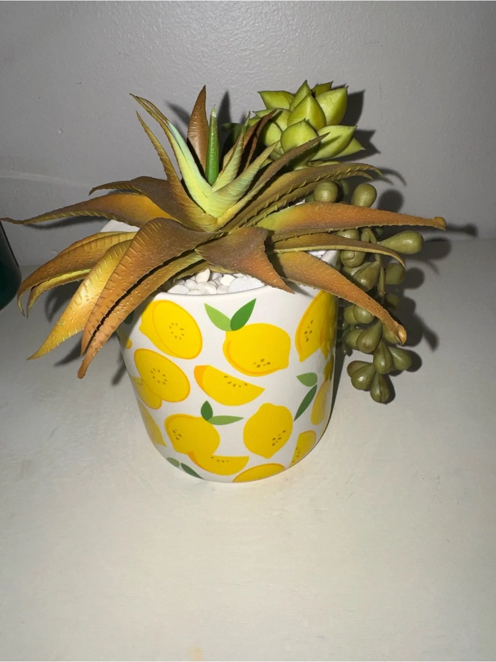 BNWT, faux succulent with lemon vase/holder